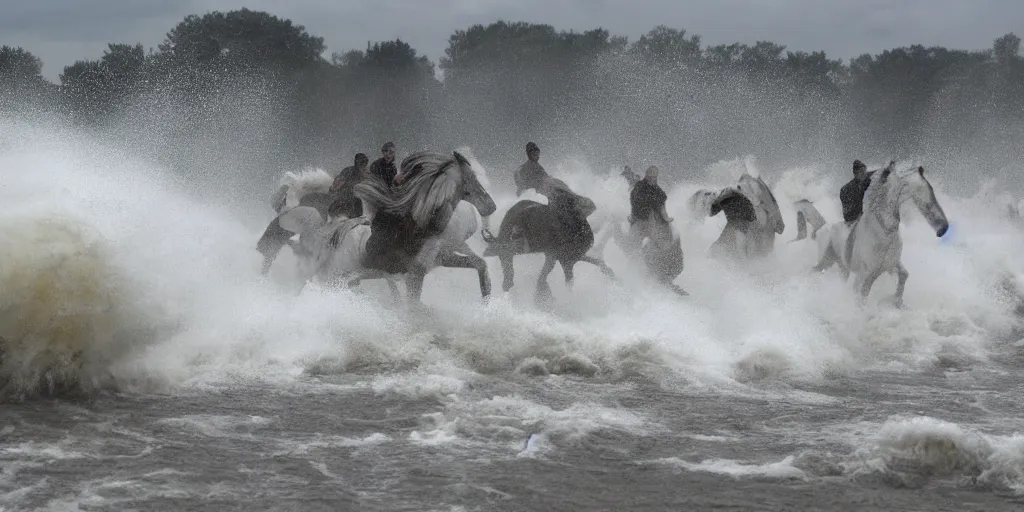 Prompt: extreme, wild water waves foam forms attacking horses, army of horsemen