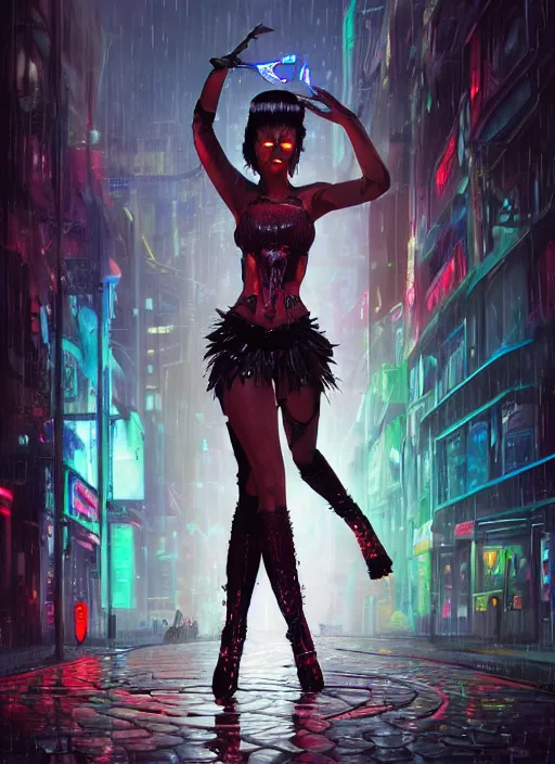 Image similar to An epic fantasy comic book style full body portrait painting of a very beautiful imposing cyberpunk Hula Dancer dancing in the rain, neon reflections in the rain puddles, character design by Mark Ryden and Pixar and Hayao Miyazaki, unreal 5, DAZ, hyperrealistic, octane render, cosplay, RPG portrait, dynamic lighting, intricate detail, cinematic