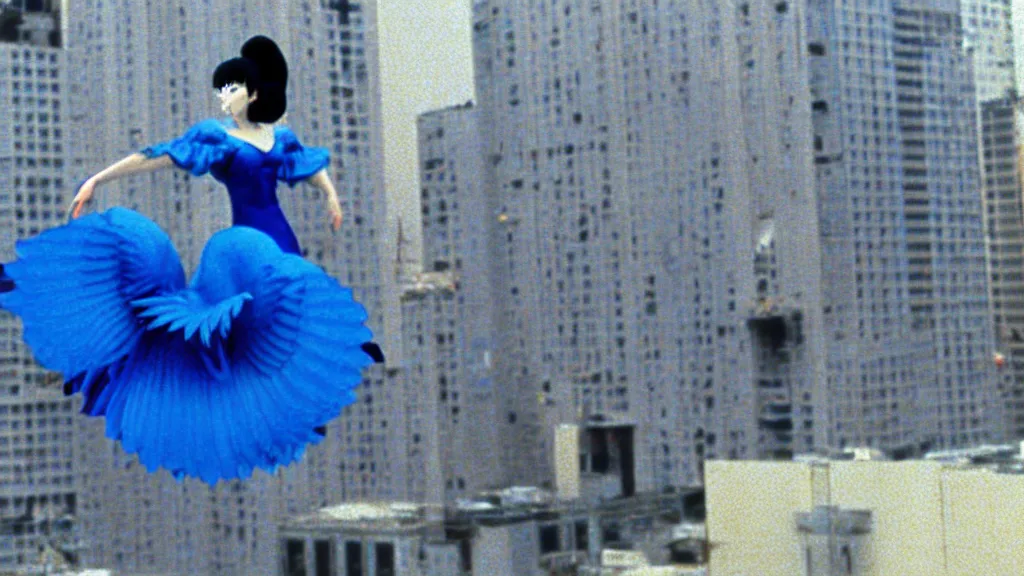 Image similar to a woman in a blue dress wearing a blue swan mask falling from a building in Tokyo , film still from the an anime directed by Katsuhiro Otomo with art direction by Salvador Dalí, wide lens