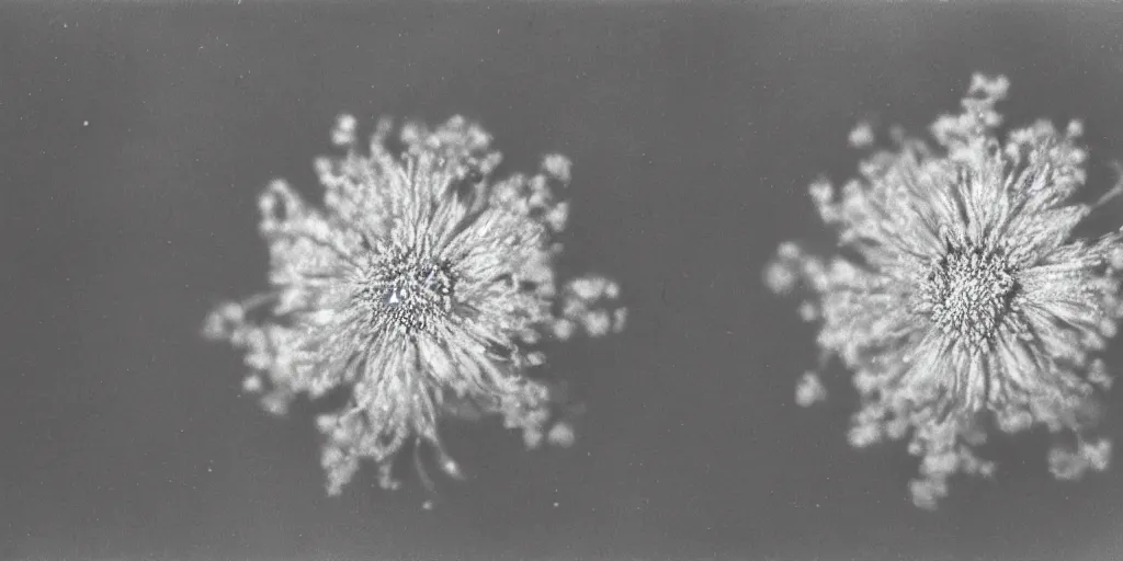 Prompt: close up photography of edelweiss flower, 1. 2 f, 3 5 mm, dark, turning into galaxy, 1 9 2 0 s ghost photography