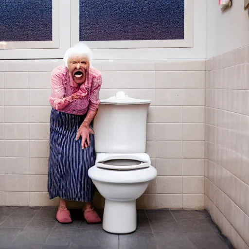 Image similar to elderly woman screaming at a toilet, canon eos r 3, f / 1. 4, iso 2 0 0, 1 / 1 6 0 s, 8 k, raw, unedited, symmetrical balance, wide angle