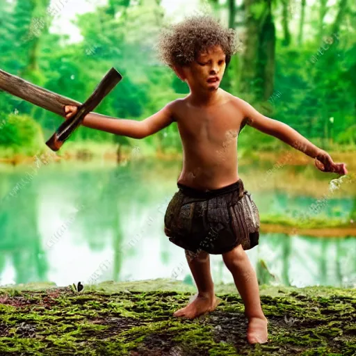 Prompt: young warrior making a ritual in a magical forest, pond