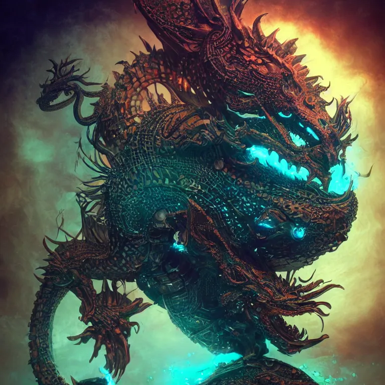 Image similar to a centered render of an ancient futuristic dragon with digital modifications surrounded by a underwater ink pour and flowing liquid gallium and complex sacred geometry, aggressive stance, powerful, cinematic, beautifully lit, by beeple, by artgerm, by karol bak, 3 d, trending on artstation, octane render, 8 k