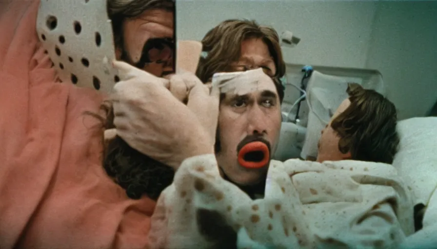 Prompt: 70s movie still of a man yelling with trypophobia mouth in hospital, eastmancolor, heavy grain, high quality, higly detailed, liminal space