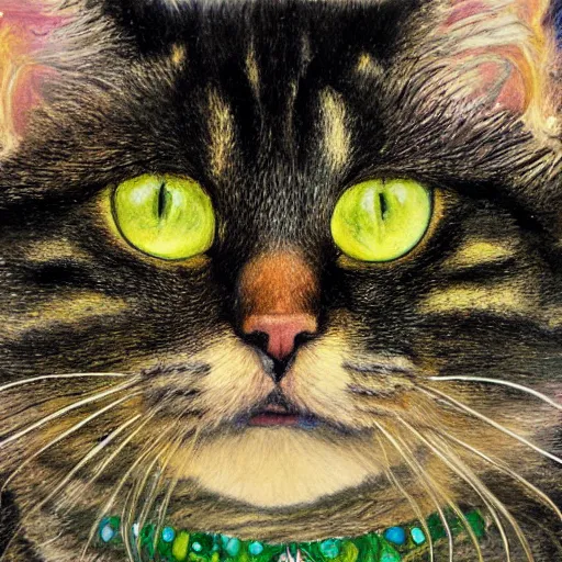 Image similar to portrait of a very fluffy dark tabby cat with green eyes, starlight, full body, smiling cat, golden colors, jewelry, intricate, elegant, highly detailed, smooth, sharp focus, illustration, art by gustav klimt