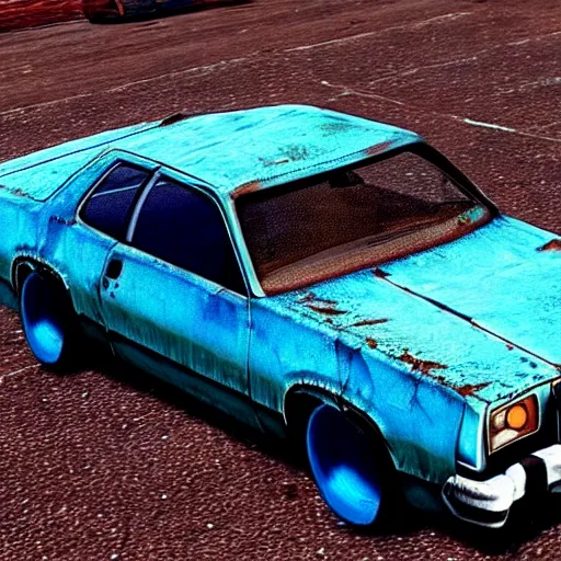 Image similar to A screenshot of a rusty, worn out, broken down, decrepit, run down, dingy, faded chipped paint, tattered, beater 1976 Denim Blue Dodge Aspen in Gran Turismo for the PS1, low poly Original Playstation style