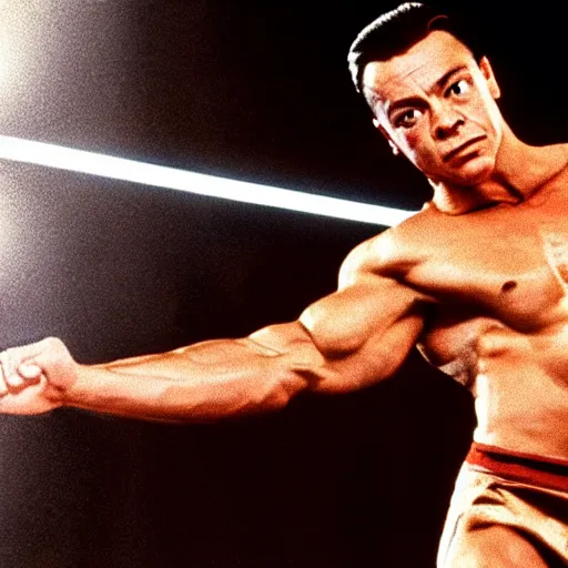 Image similar to cinematic still, young Jean Claude Vandamme doing the splits, dramatic lighting ,award winning,