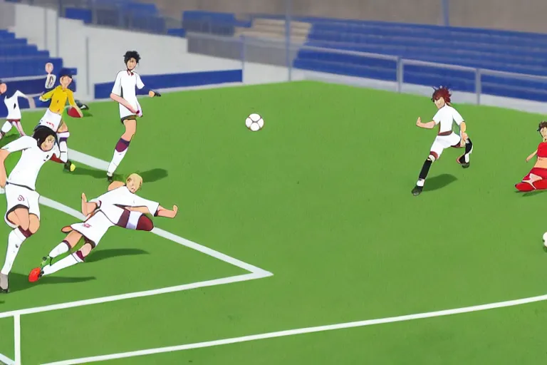 Prompt: anime soccer player scores goal with volley kick, hyperrealism