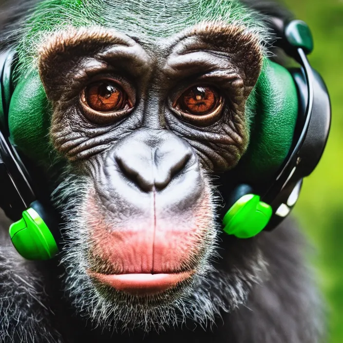 Image similar to a high quality photo of a green chimp wearing headphones, realism, 8k