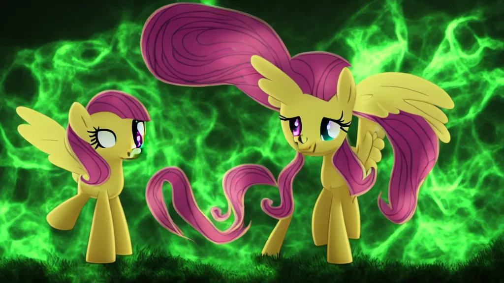 Image similar to 3D Fluttershy from My Little Pony as a necromancer, standing over a dead pony, bright green swirls coming up around her, glowing aura, pitch black background, dramatic and colorful lighting, she is surrounded by green chibi glowing skulls, smoke all around, unrealengine, 4k, HDR, side angle, body lying on the ground