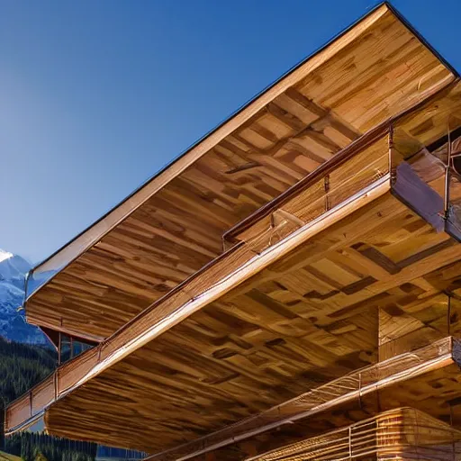 Prompt: architecture photo modern fachwerk wooden school with Elbrus mountain on the background, architecture, photorealism 8k , shining and happy atmosphere, uplight, high details