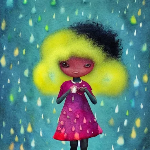 Image similar to a black girl with a colorful afro and big colorful eyes playing in the rain, bright colours, bokeh!! watercolor, volumetric wool felting, macro photography, children illustration, by goro fujita