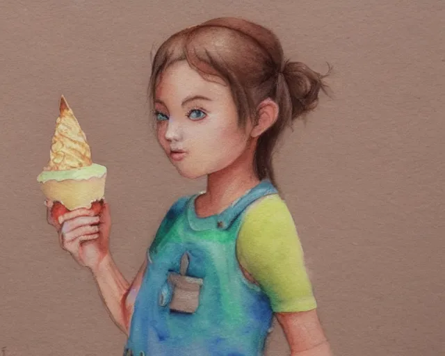 Image similar to a girl with the ice cream watercolor colored pencil painting trending on artstation