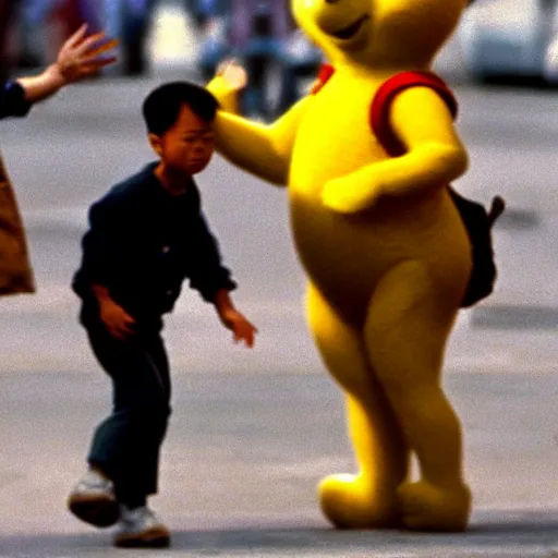 Prompt: Winnie the Pooh. Tank Man. Tiananmen Square, 1989