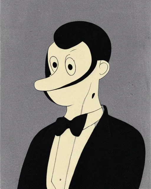 Image similar to portrait of young man wearing black medical mask, suit and tie, style of tex avery