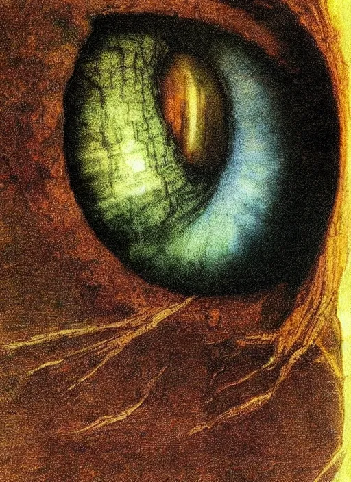 Image similar to color photo of a dragon eye by leonardo davinci