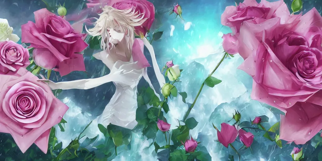 Image similar to magic invisible blade slicing through a bouquet of white and pink roses, flowers exploding and spraying, big puffy clouds, sharp rain, large rose petals, lotus petals, large polygonal background elements, large polygons, dramatic anime, dramatic lighting, artgerm, manga, trending on artstation, art nouveau, mature colors