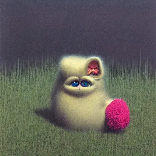 Prompt: a realistic furby sitting in the grass, by zdzisław beksinski