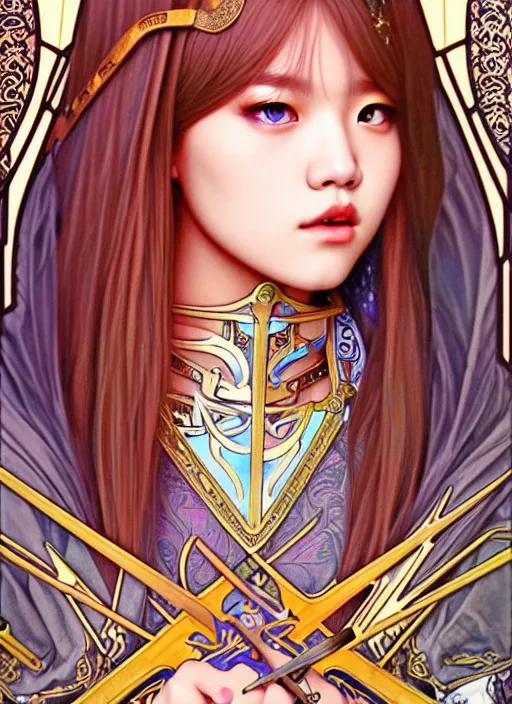 Image similar to lalisa manoban of blackpink, medieval armor, tarot card, highly detailed, digital painting, smooth, sharp focus, illustration, ultra realistic, 8 k, art by artgerm and alphonse mucha