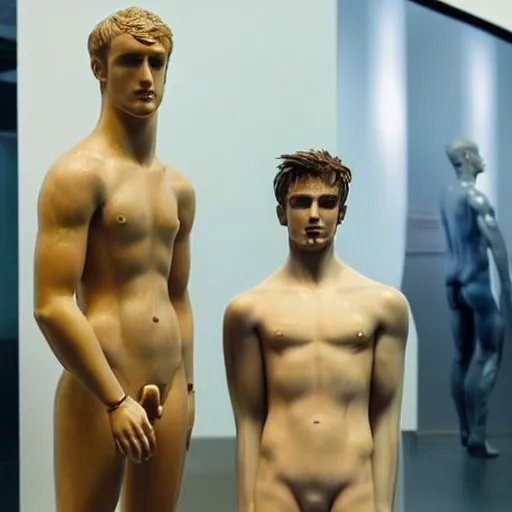 Image similar to “a realistic detailed photo of a guy who is an attractive humanoid who is half robot and half humanoid, who is a male android, British diver Jack Laugher & Chris Mears, shiny skin, posing like a statue, blank stare, at the museum, on display”