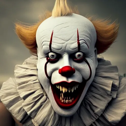 Image similar to Boris Johnson with Pennywise body, realistic artstyle, wide shot, dramatic lighting, octane render, hyperrealistic, high quality, highly detailed, HD, beautiful, cinematic, 8k, unreal engine, facial accuracy, symmetrical