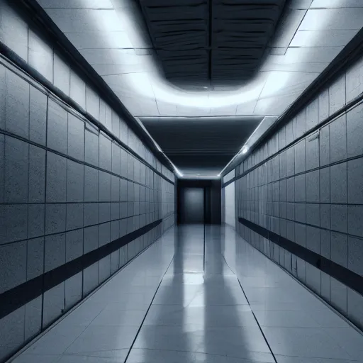 Image similar to hallways of underground lab, sterile, clean, cinematic, liminal space, unreal engine, photorealism, haunting
