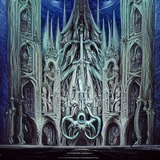 Image similar to monstrous and twisted cathedral with an altar that has a statue to many eyed veiny and four armed cthulhu, tentacles twisting in lotus position. in the style of hr giger and zdzisław beksinski and frank frazetta. blue glow, gloomy and misty. biomechanical oil painting horror