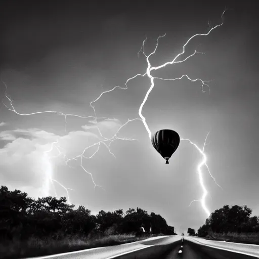 Prompt: a hot air balloon flying in the middle of the road, liminal space, uncanny, saturated, dynamic lightning