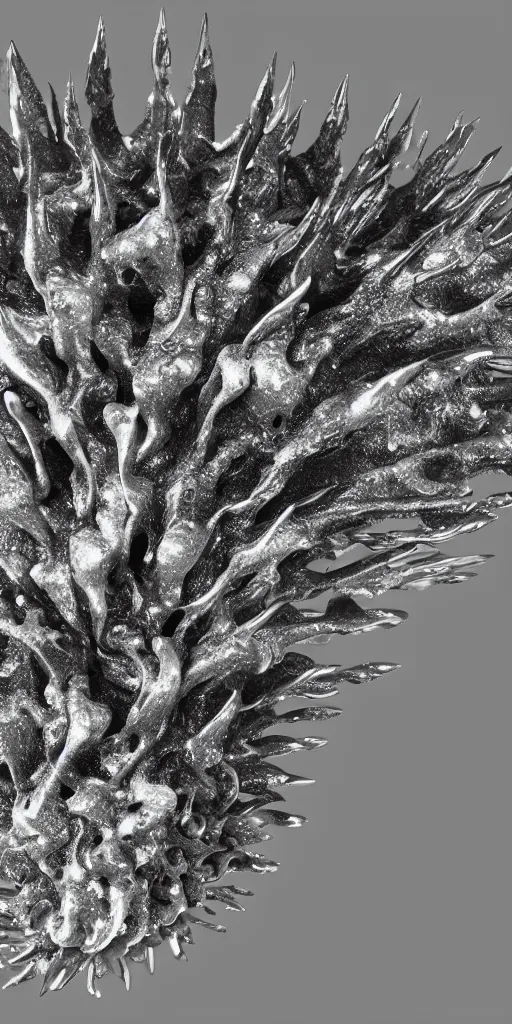 Image similar to a photorealistic render of a metallic spiky neotribal sea slug, greyscale, made of melted plastic and marble, c 4 d, by zhelong xu and ernst haeckel, wide angle, hyper realistic, plain black background, 8 k, volumetric lightning, octane render