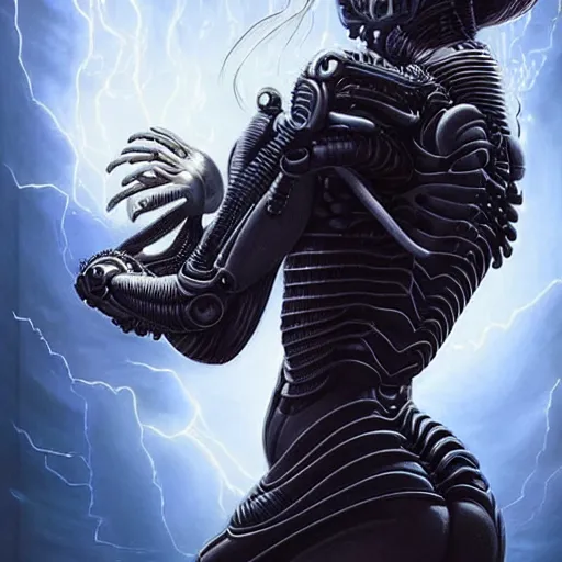 Image similar to a highly detailed 3D portrait of an attractive female cyborg standing holding a strange xenomorphic weapon in a seductive pose ready for battle. Alien spaceship high in the background. Flowing beautiful hair, anatomy portrait, fullbody, symmetrical and science fiction theme with lightning, aurora lighting clouds and stars. Clean and minimal design by beksinski, carl spitzweg, HR Giger and Tuomas Korpi and bouguereau and Zdzislaw Beksinski, good clear quality, lighting, biology, symmetrical artwork, perfect face, 135 mm, cinematic, hyper realism, high detail, octane render, 8k, crimson accents
