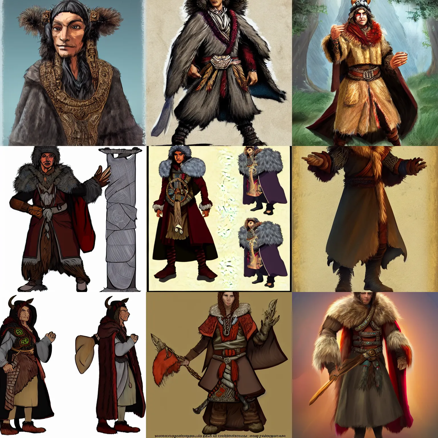Prompt: character portrait of a shaman wearing a bearskin cloak and travel clothes. D&D character art.
