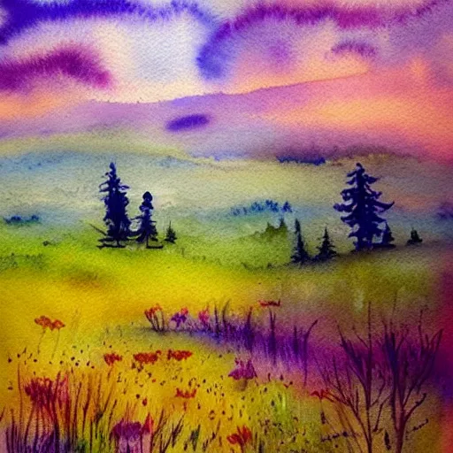 Prompt: dreamy watercolor painting of a meadow, beautiful colors, sunny