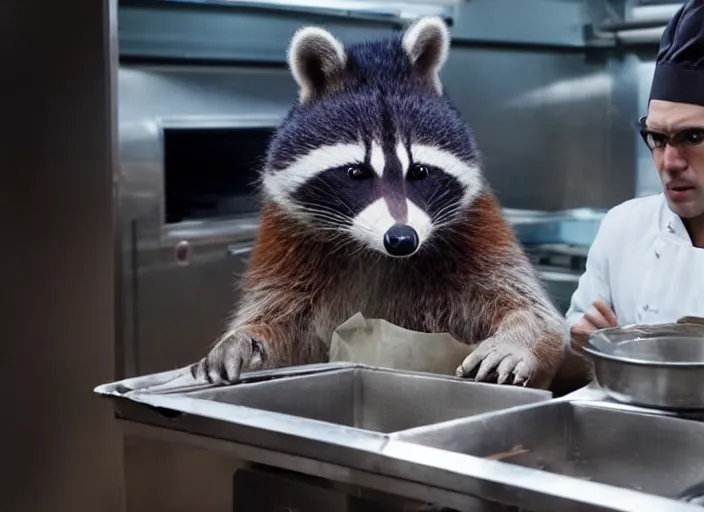 Image similar to film still of Rocket Racoon working as a pastry chef in the new Avengers movie, 4k