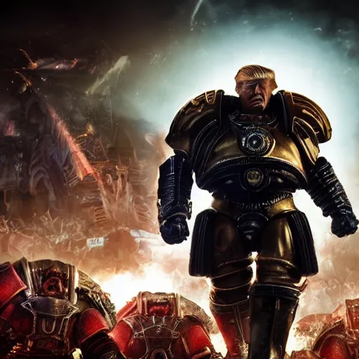 Image similar to Portrait of donald trump as the emperor of humanity from warhammer 40k in Gears of War, splash art, movie still, detailed face, photorealistic facial features, cinematic lighting, dramatic, octane render, long lens, shallow depth of field, bokeh, anamorphic lens flare, 8k, hyper detailed, 35mm film grain