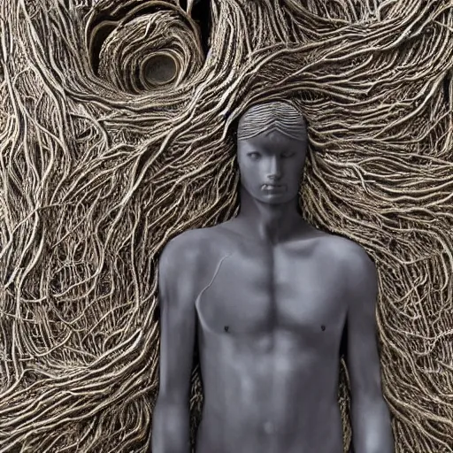 Image similar to a human man statue encased by a cosmic tree, a sense of awe, amazement, monogon, plasma display, wooden, silver, mercury, damascus, armature wire, multiscopy, morph, in a symbolic and meaningful style, insanely detailed and intricate, hypermaximalist, elegant, ornate, hyper realistic, super detailed,