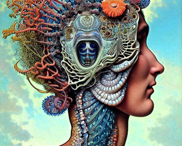 Image similar to hyperrealistic detailed face side portrait of the beautiful goddess of the fish skeletons with an intricate headgear of corals, sea kelp, sea plants, fish, starfish, jellyfish, art by ernst haeckel, john william godward, android jones, alphonso mucha, h. r. giger, gothic - cyberpunk, ornamental, beautiful deep colours,