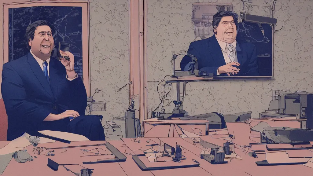 Image similar to Mayor Quimby from the Simpsons in a room with some expensive jewelry , screen print by Kawase Hasui and dan hillier, rendered in octane render 32k