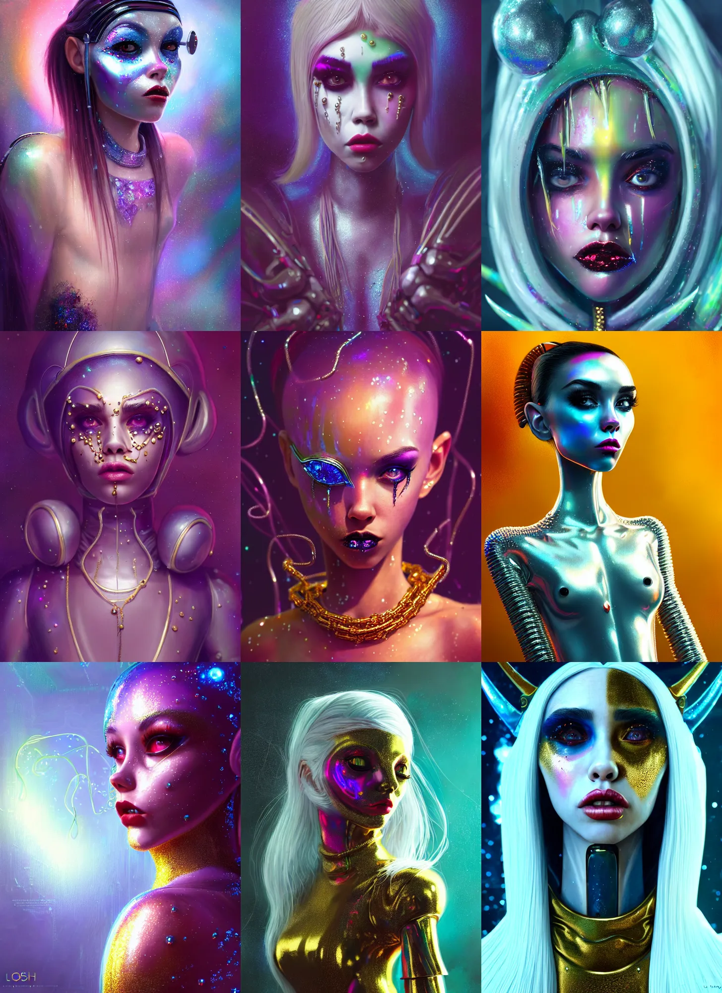 Prompt: disney 8 k photo, lush shiny sweaty grand pearlescent chained white emo clowncore alien cyborg madison beer, fashion art, ( golden ratio ), arctic, sci fi, fantasy, cyberpunk, intricate, decadent, highly detailed, digital painting, octane render, artstation, concept art, smooth, sharp focus, illustration, art by loish, wlop