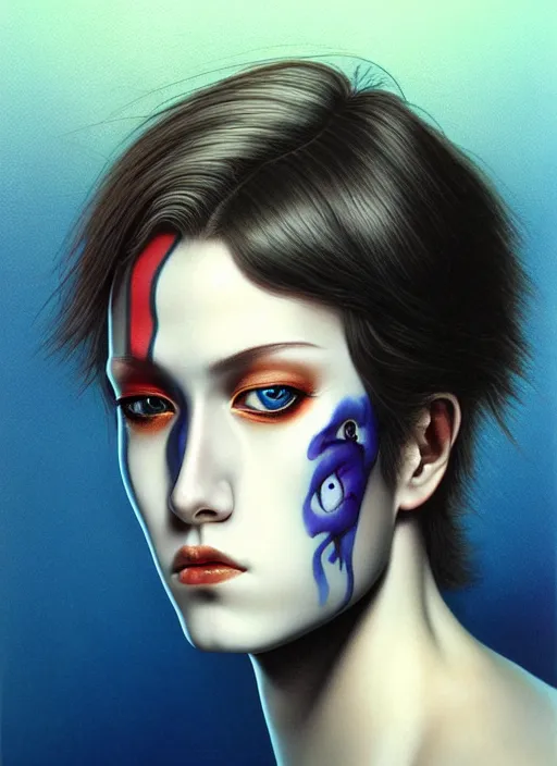 Image similar to beautiful matte airbrush portrait of an androgynous face with big sad eyes crying on a white background, 8 0's airbrush aesthetic, art by pater sato, ayami kojima and yoshitaka amano