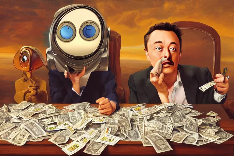 Image similar to Salvador Dali, WALL-E and Elon Musk counting money and holding keys, oil on canvas, artstation, portrait, masterpiece, aesthetic