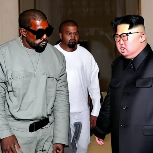 Prompt: paparazzi photo of Kanye West on a meeting with Kim Jong-Un, wide angle, uhd, 8k, award winning,