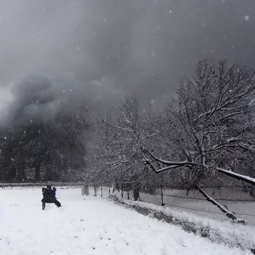 Prompt: snowy fields, snowy trees, partisans with guns, billowing smoke in the distance