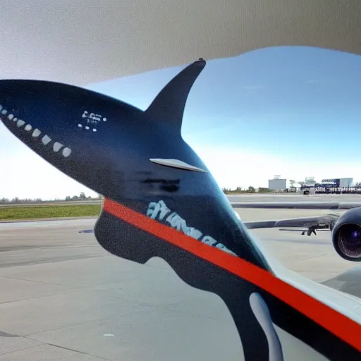 Image similar to an airplane with a tiny whale pilot, the whale is in the airplane cabin, the whale head can be seen through the window