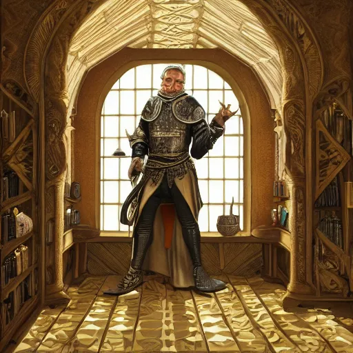 Prompt: full body portrait of Dennis hopper as a devious medieval lord standing on the right inside a big medieval Shop with tall windowpane, shelves full of medieval goods, morning light, trending on artstation, style of peter mohrbacher, unreal engine, octane render, intricate details, 8k high definition, beauriful, ornate, hyperrealistic