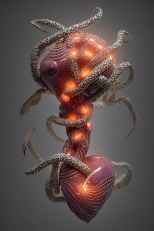 Image similar to a sculpture of fish ocean intertwined, diode lighting, a lovely cornucopia of flowers and human body parts, body parts, heart shaped, highly detailed, octane render, cinematic, shock, sharp focus, ball, an independent psycho, clean, studio lighting