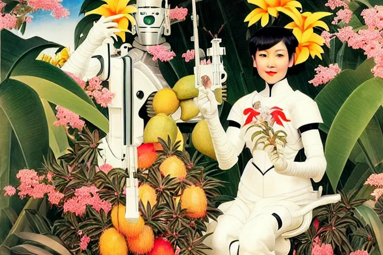 Prompt: a portrait of asian female with short black hair dressed with a robot knight plastic white armor dress from evangelion, sit in a throne surrounded by garlands of tropical fruits and flowers, masterpiece painted by jc leyendecker