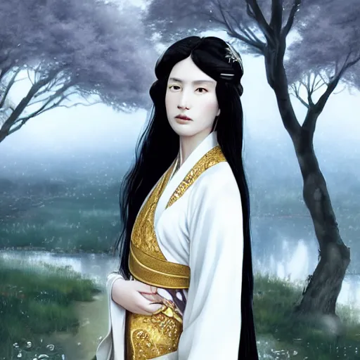 Image similar to a portrait of a young beautiful prince, golden eyes, long black hair, white hanfu, elegant, intricate, backlit, incredible lighting, strong rim light, subsurface scattering, photorealistic, epic beautiful landscape, cherry trees, highly detailed, digital painting, by Heise Jinyao, Heise-Lian Yan Fang, Feimo, Rossdraws, HDRI, vivid colors, high contrast, 8k