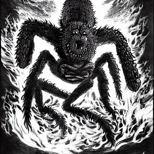 Prompt: giant spider made of fire attacking a scary monster made of water by kentaro miura