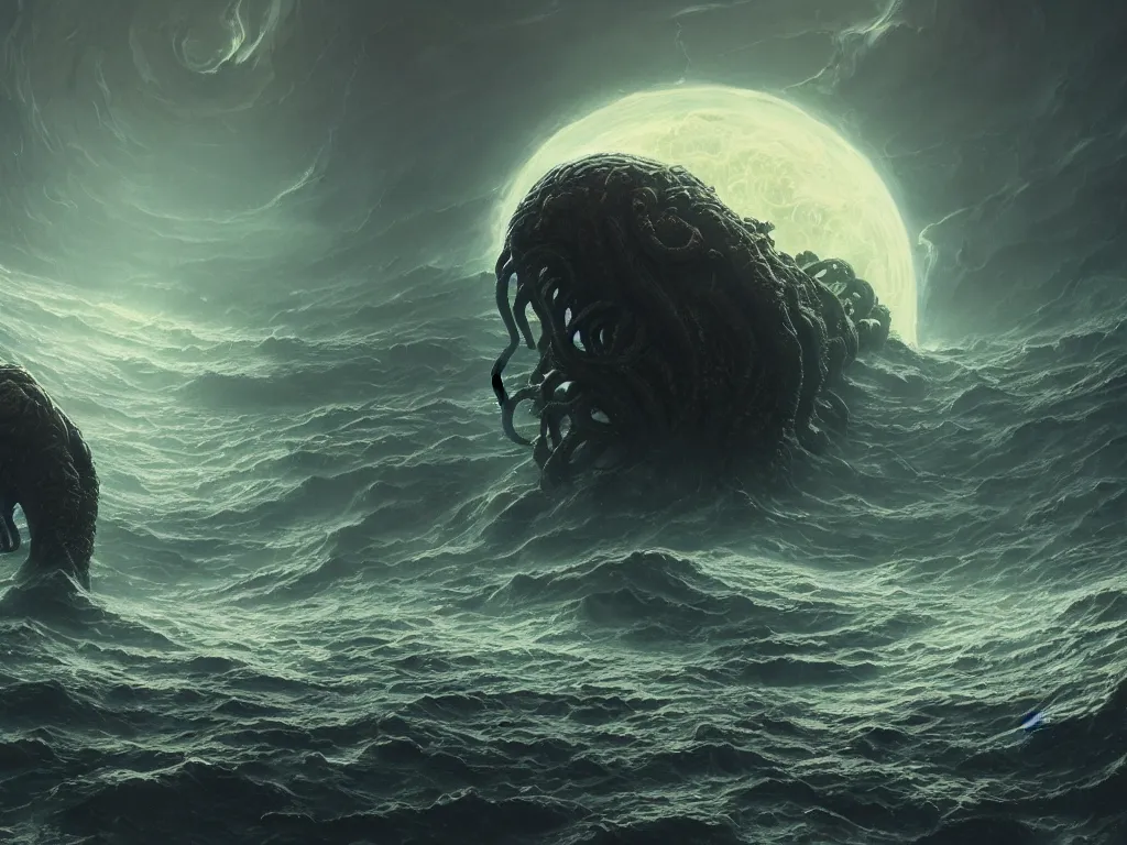 Prompt: A wide shot of an ancient lovecraftian elder god Cthulhu floating in space consuming a planet art by Maciej Kuciara and Jason Chan, ominous, cosmic horror, trending on artstation, Ultra detailed, hyper realistic 4k