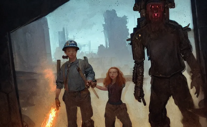 Prompt: machine monster grabs sadie sink dressed as a miner : concept art for a scifi cyberpunk film. by greg rutkowski, john j. park, jason chan, feng zhu, gintas galvanauskas, gustave courbet, edward hopper. sharp focus, cinematic atmosphere, detailed and intricate environment, perfect hand anatomy, realistic eyes